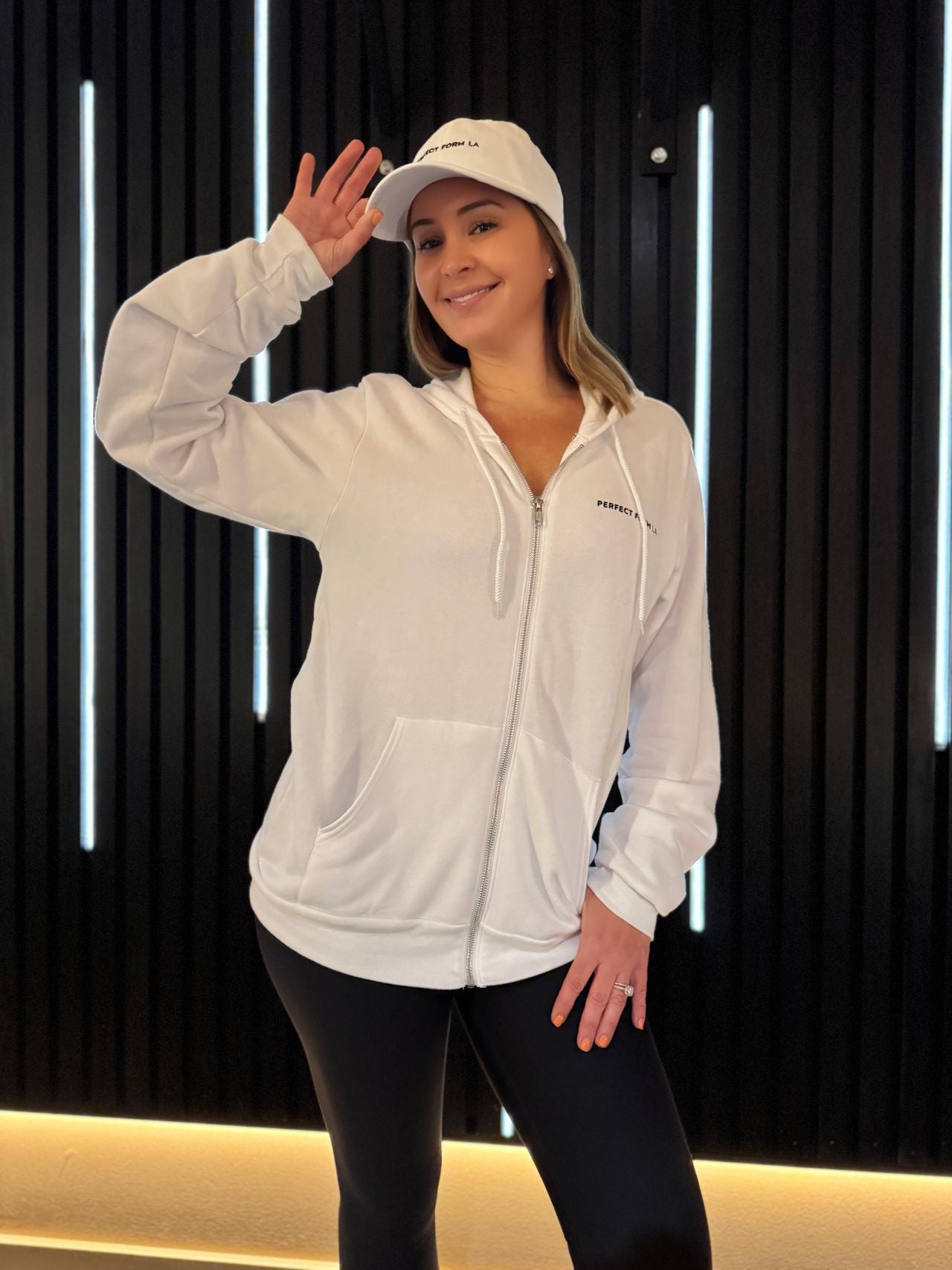 Perfect Form LA Unisex White Zip Up Hoodie